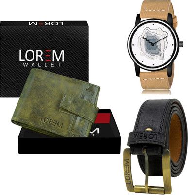 LOREM LR68-WL22-BL01 Combo Of Artificial Leather Black Belt-Green Wallet & Beige Analog Watch  - For Men
