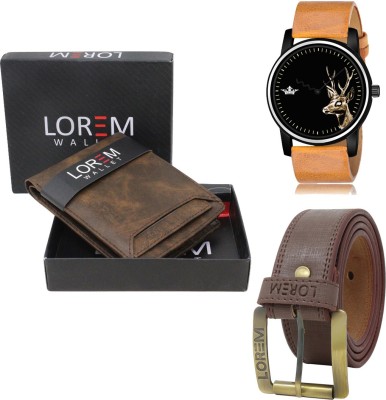 LOREM LR69-WL04-BL02 Combo Of Artificial Leather Brown Belt-Brown Wallet & Beige Analog Watch  - For Men