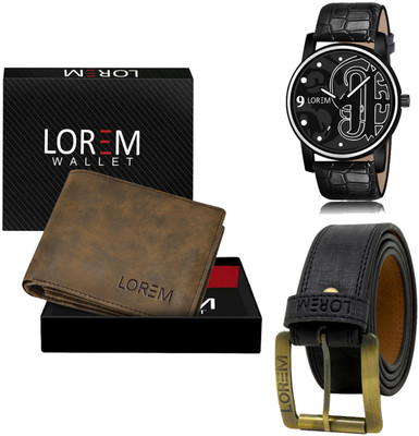 LOREM LR70-WL25-BL01 Combo Of Artificial Leather Black Belt-Brown Wallet & Black Analog Watch  - For Men