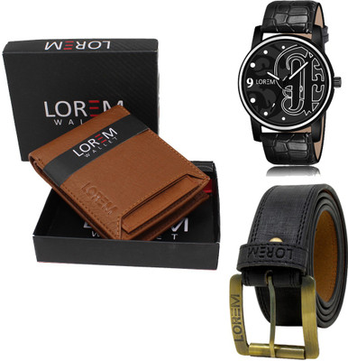 LOREM LR70-WL03-BL01 Combo Of Artificial Leather Black Belt-Tan Wallet & Black Analog Watch  - For Men