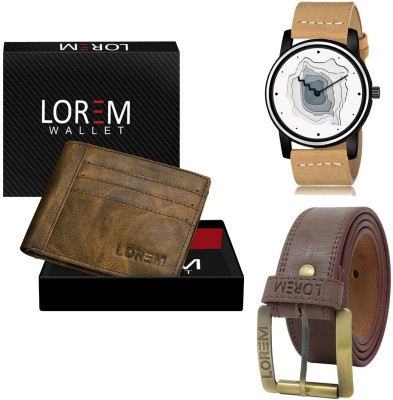 LOREM LR68-WL19-BL02 Combo Of Artificial Leather Brown Belt-Brown Wallet & Beige Analog Watch  - For Men