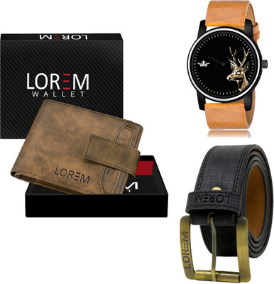 LOREM LR69-WL23-BL01 Combo Of Artificial Leather Black Belt-Brown Wallet & Beige Analog Watch  - For Men