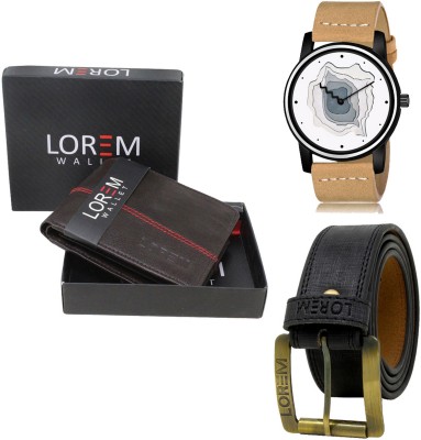 LOREM LR68-WL07-BL01 Combo Of Artificial Leather Black Belt-Brown Wallet & Beige Analog Watch  - For Men