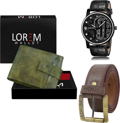 LOREM LR70-WL22-BL02 Combo Of Artificial Leather Brown Belt-Green Wallet & Black Analog Watch  - For Men