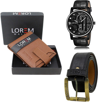 LOREM LR70-WL10-BL01 Combo Of Artificial Leather Black Belt-Tan Wallet & Black Analog Watch  - For Men