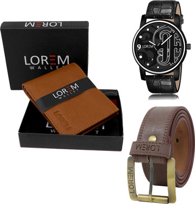 LOREM LR70-WL02-BL02 Combo Of Artificial Leather Brown Belt-Tan Wallet & Black Analog Watch  - For Men