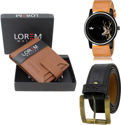 LOREM LR69-WL10-BL01 Combo Of Artificial Leather Black Belt-Tan Wallet & Beige Analog Watch  - For Men