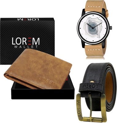 LOREM LR68-WL13-BL01 Combo Of Artificial Leather Black Belt-Beige Wallet & Beige Analog Watch  - For Men
