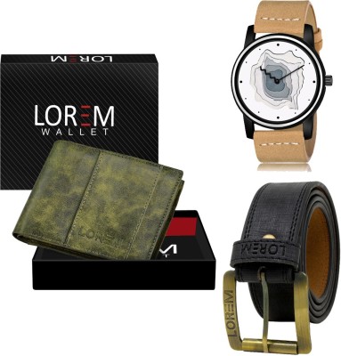 LOREM LR68-WL18-BL01 Combo Of Artificial Leather Black Belt-Green Wallet & Beige Analog Watch  - For Men