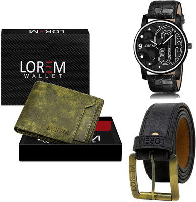 LOREM LR70-WL16-BL01 Combo Of Artificial Leather Black Belt-Green Wallet & Black Analog Watch  - For Men