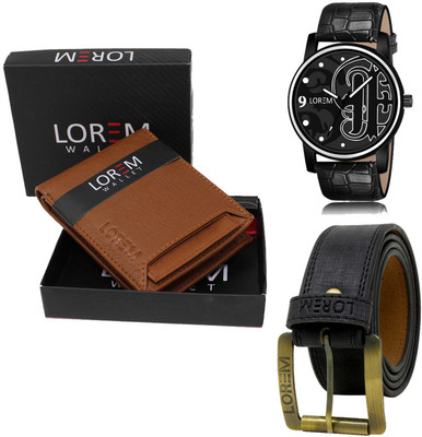 LOREM LR70-WL03-BL01 Combo Of Artificial Leather Black Belt-Tan Wallet & Black Analog Watch  - For Men