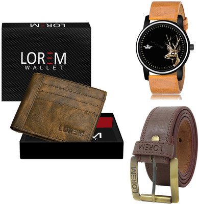 LOREM LR69-WL19-BL02 Combo Of Artificial Leather Brown Belt-Brown Wallet & Beige Analog Watch  - For Men
