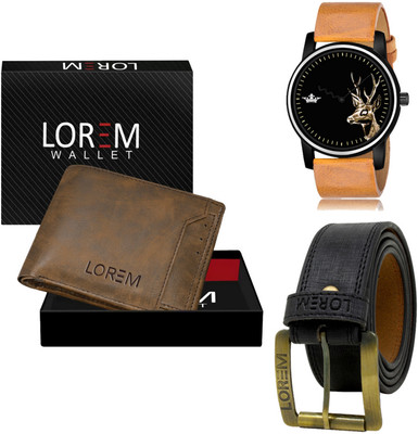 LOREM LR69-WL24-BL01 Combo Of Artificial Leather Black Belt-Brown Wallet & Beige Analog Watch  - For Men