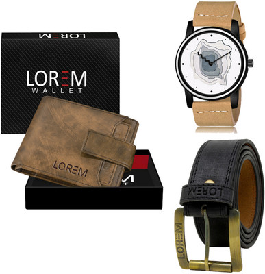 LOREM LR68-WL23-BL01 Combo Of Artificial Leather Black Belt-Brown Wallet & Beige Analog Watch  - For Men