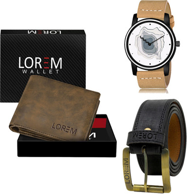 LOREM LR68-WL25-BL01 Combo Of Artificial Leather Black Belt-Brown Wallet & Beige Analog Watch  - For Men
