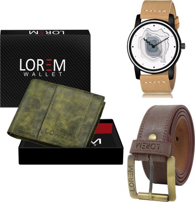 LOREM LR68-WL18-BL02 Combo Of Artificial Leather Brown Belt-Green Wallet & Beige Analog Watch  - For Men