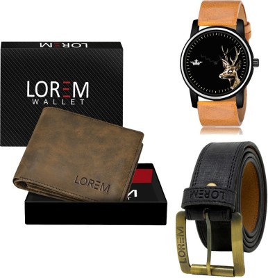 LOREM LR69-WL25-BL01 Combo Of Artificial Leather Black Belt-Brown Wallet & Beige Analog Watch  - For Men