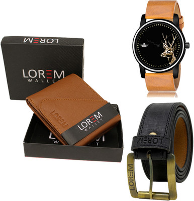 LOREM LR69-WL01-BL01 Combo Of Artificial Leather Black Belt-Tan Wallet & Beige Analog Watch  - For Men