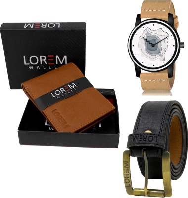 LOREM LR68-WL02-BL01 Combo Of Artificial Leather Black Belt-Tan Wallet & Beige Analog Watch  - For Men