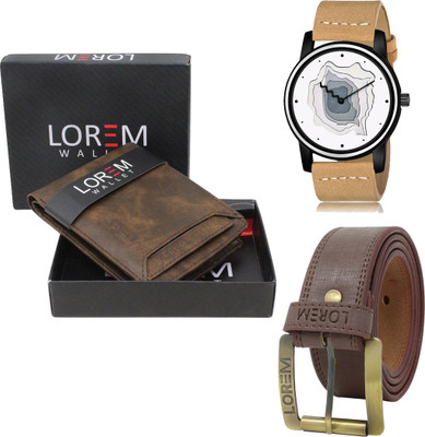 LOREM LR68-WL04-BL02 Combo Of Artificial Leather Brown Belt-Brown Wallet & Beige Analog Watch  - For Men
