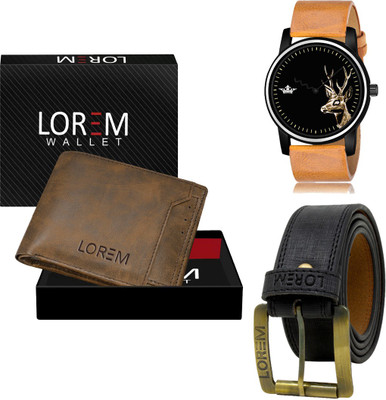 LOREM LR69-WL24-BL01 Combo Of Artificial Leather Black Belt-Brown Wallet & Beige Analog Watch  - For Men