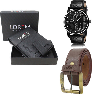 LOREM LR70-WL08-BL02 Combo Of Artificial Leather Brown Belt-Black Wallet & Black Analog Watch  - For Men