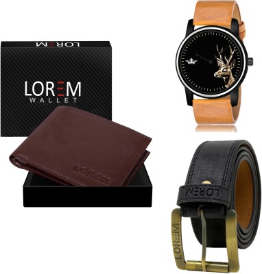 LOREM LR69-WL14-BL01 Combo Of Artificial Leather Black Belt-Maroon Wallet & Beige Analog Watch  - For Men