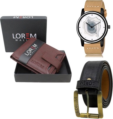 LOREM LR68-WL09-BL01 Combo Of Artificial Leather Black Belt-Maroon Wallet & Beige Analog Watch  - For Men