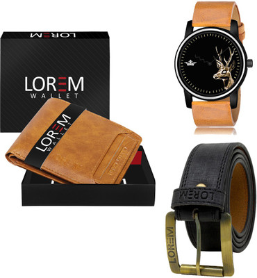 LOREM LR69-WL06-BL01 Combo Of Artificial Leather Black Belt-Beige Wallet & Beige Analog Watch  - For Men