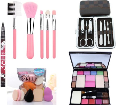 Bingeable Waterproof HDA 36h Sketch Pen Eyeliner with Set of 5 Washable Makeup brushes & Pack of 6 Cotton Pad MakeupBlender Powder puff with T.Y.A. 6171 Multi purpose Professional Color icon Fashion Makeup Eye shadow Kit ( Eye Shadow, Compact, Blusher, Lip Gloss) & Manicure Kit, pedicure tools for f