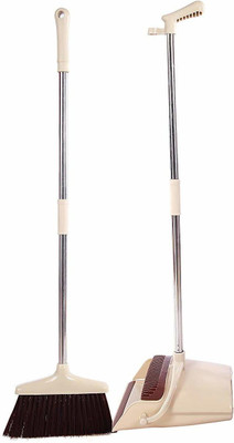 Kedy Heavy Duty Upright Standing Dustpan With Extendable Broomstick Easy Sweeping Broom And Dustpan Sets Microfibre Up Right Dustpan Plastic Dustpan(Beige)