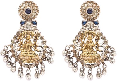 Digital Dress Room German Oxidized Silver Earrings Goddess Laxmi Engraved Royal Blue Stones Studded Gungroo Earrings German Silver Chandbali Earring