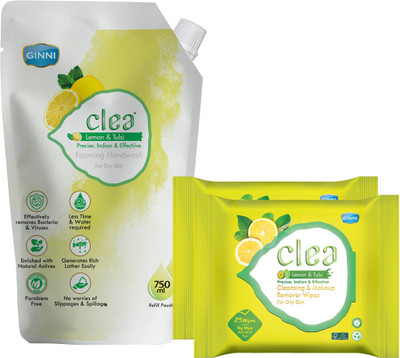 Clea Cleansing and Make-up Remover Wet Wipes( Pack of 2) (25 Wipes Per Pack) & Foaming Handwash Refill Pouch 750ml (Lemon & Tulsi)(3 Items in the set)