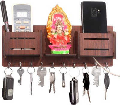 POCKESTER Multipurpose Keyholder with one Tray and Double Mobile Stand Wood Key Holder(10 Hooks, Brown)