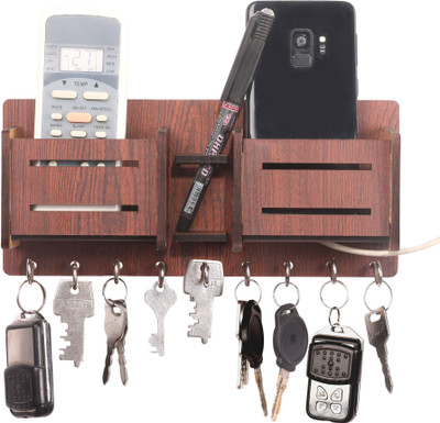 POCKESTER Multipurpose 2 Pen Pocket with Double Mobile Stand Wood Key Holder(9 Hooks, Brown)