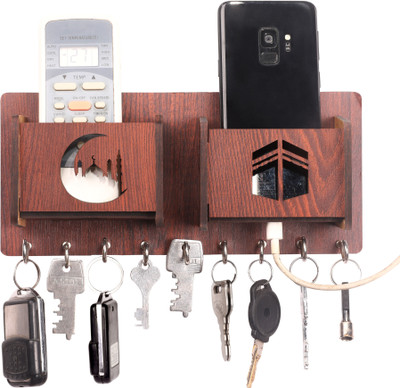 POCKESTER Allah-Makka with Double Mobile Stand Wood Key Holder(9 Hooks, Brown)