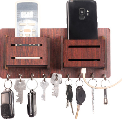 POCKESTER Multipurpose Keyholder with Double Mobile Stand Holder Wood Key Holder(9 Hooks, Brown)