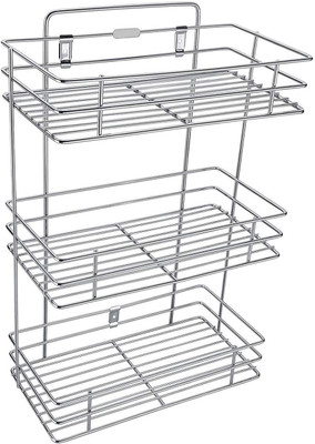 KRISHZONE Containers Kitchen Rack Steel Stainless Steel Multipurpose Storage Rack, 3 Layer Kitchen Rack, Bathroom Shelves and Racks Steel, Wall Mounted Organiser for Home, Book/Spices/Jar/Bottle Keeper in Silver Cover