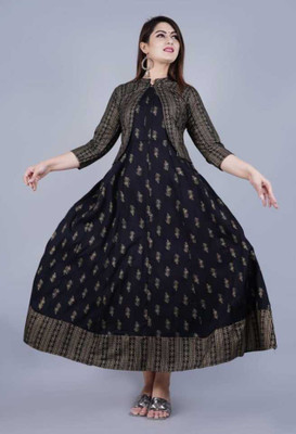 VN SHOP Women Printed Flared Kurta(Black)
