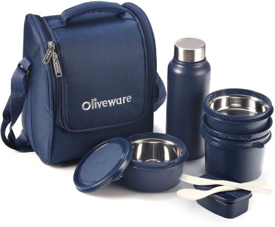 Oliveware Teso Lunch Box with Bottle | Insulated Fabric Bag | 3 Stainless Steel Containers | Plastic Pickle Box | Spoon & Fork | Leak Proof | Microwave Safe | Full Meal | Easy to Carry 4 Containers Lunch Box(1470 ml)