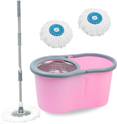 V-MOP Premium Pink Steel Classic Magic Spin Dry Bucket Mop - 360 Degree Self Spin Wringing With 2 Super Absorbers Mop Set, Mop, Cleaning Wipe, Bucket, Dustbin, Mop Wet & Dry Mop(Multicolor)