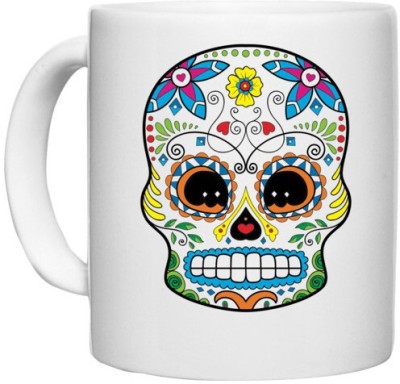 UDNAG White Ceramic Coffee / Tea 'Illustration | White Blue Red Sugar Skull' Perfect for Gifting [330ml] Ceramic Coffee Mug(330 ml)