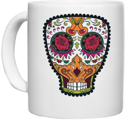 UDNAG White Ceramic Coffee / Tea 'Illustration | Orange Red Flower eye Sugar Skull' Perfect for Gifting [330ml] Ceramic Coffee Mug(330 ml)