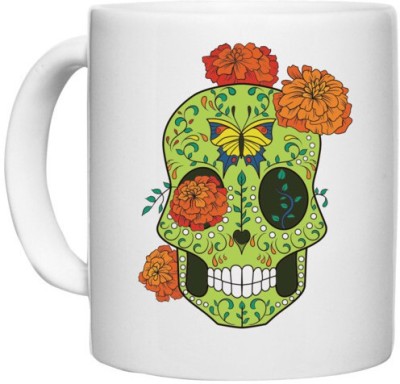 UDNAG White Ceramic Coffee / Tea 'Illustration | Butterfly Head Sugar Skull' Perfect for Gifting [330ml] Ceramic Coffee Mug(330 ml)