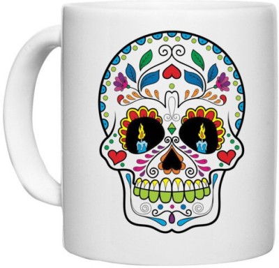 UDNAG White Ceramic Coffee / Tea 'Illustration | Candle eye Sugar Skull' Perfect for Gifting [330ml] Ceramic Coffee Mug(330 ml)