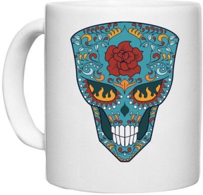 UDNAG White Ceramic Coffee / Tea 'Illustration | Red Flower Yellow eyes Sugar Skull' Perfect for Gifting [330ml] Ceramic Coffee Mug(330 ml)