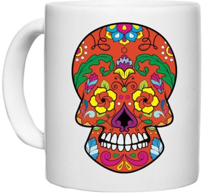 UDNAG White Ceramic Coffee / Tea 'Illustration | Flower Sugar Skull' Perfect for Gifting [330ml] Ceramic Coffee Mug(330 ml)