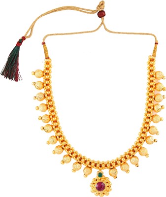 Karishma Kreations Traditional Wedding Ethnic Maharashtrian Thushi Necklace Set Kolhapuri Saaj Gold Plated Thushi ( Choker ) Necklace Jewellery Set for Women and Girls Pearl Ethnic Jewellery Broad Heavy Marathi Maharashtrian Jewellery Kolhapuri Saaj Thushi Mangalsutra Pendant Locket Mala chains Chok