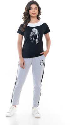 StyleAone Women Graphic Print Grey, Black Top & Pyjama Set