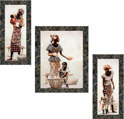 Indianara Set of 3 African Women Framed Art Painting (0340MGY) without glass (6 X 13, 10.2 X 13, 6 X 13 INCH) Digital Reprint 13 inch x 10.2 inch Painting(With Frame, Pack of 3)